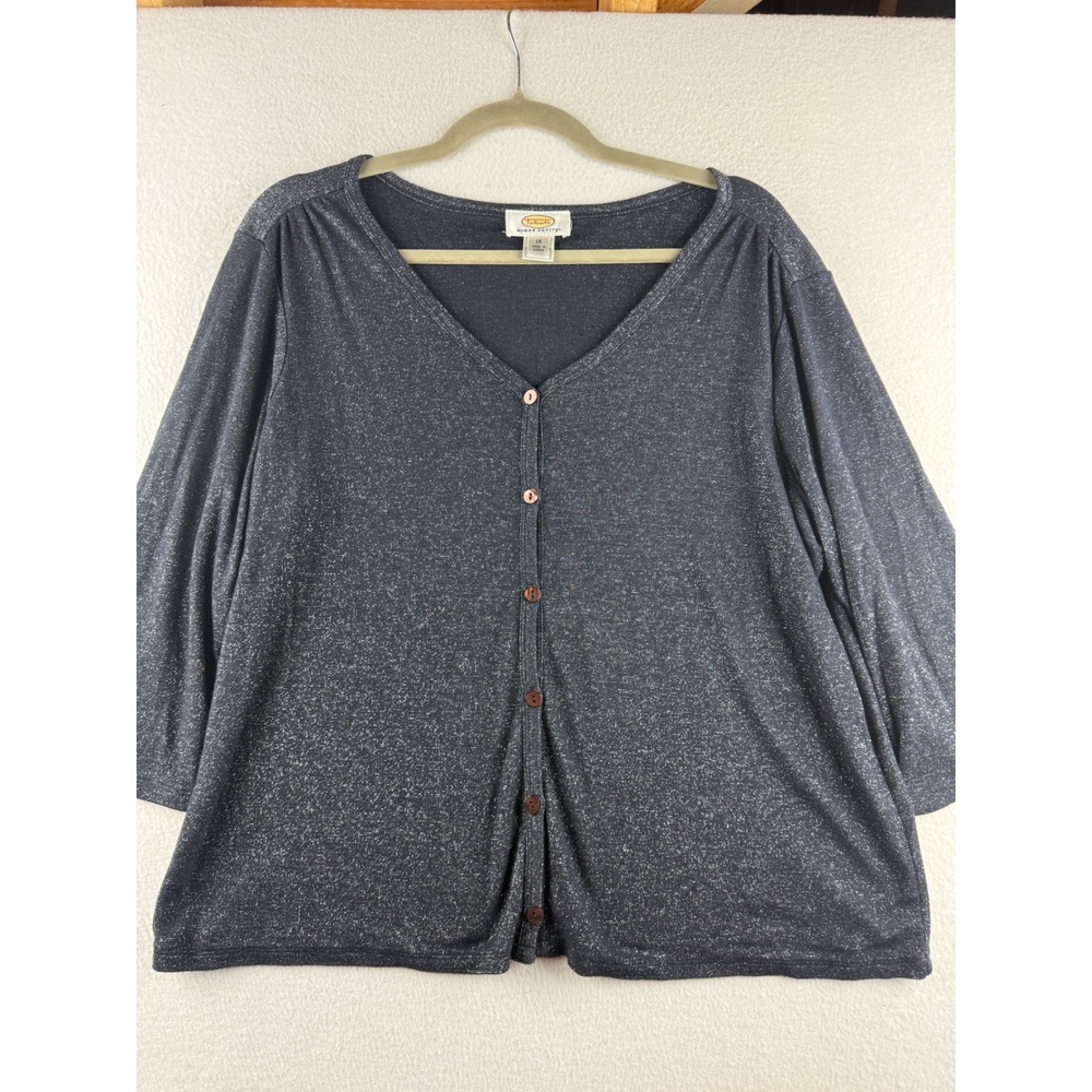 Talbots Woman Petites Navy Blue Silver Metallic Shimmer V-Neck Cardigan Top 1X